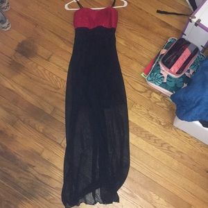 Long formal strapless black and red sparkle dress